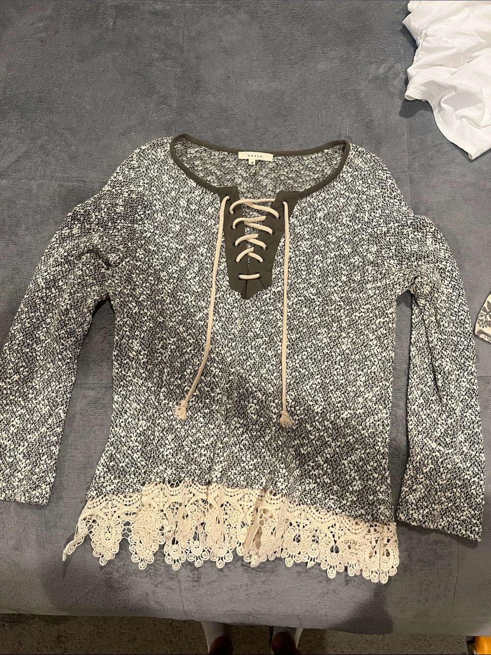 entro Gray Knit Lace-Hem Lace-Up Sweater